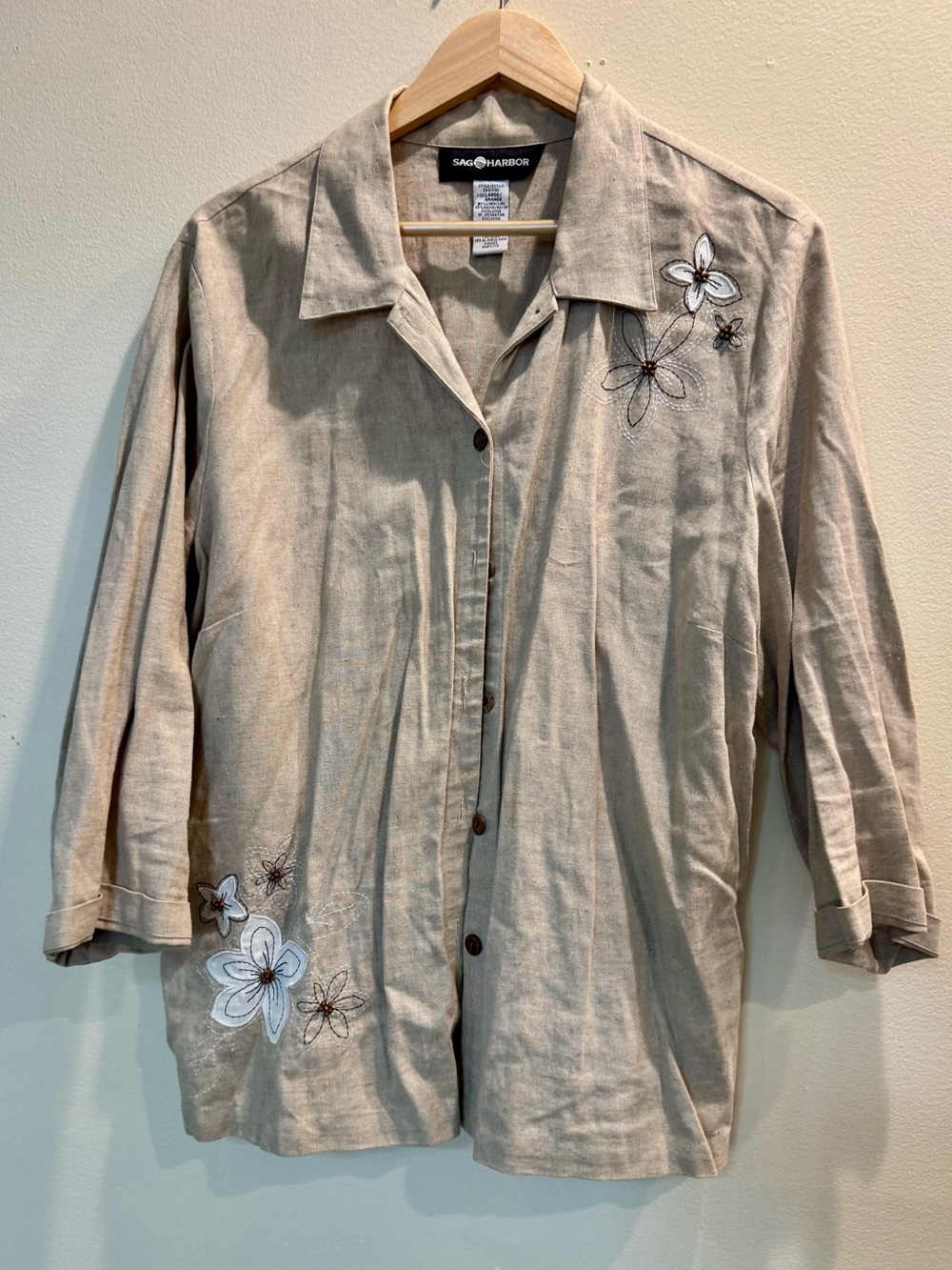 Sag Harbor Beige Linen Boho Button-Front Floral Embroidered  Beaded Women  Shirt